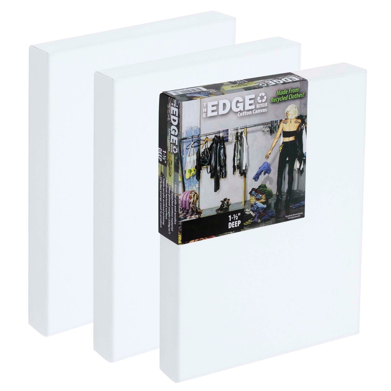 The Edge Eco-Friendly Recycled Cotton Stretched Canvas for Painting - Box of 3 - Medium-Textured, Triple Acrylic Primed All Media Painting Canvas, 320gsm, 1-1/2 in. Deep Pine Stretchers